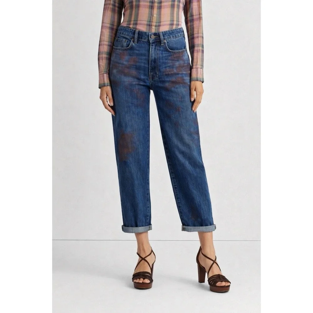 Lauren Ralph Lauren Sz 12 Painted High-Rise Relaxed Cropped Jean Atlas Wash Boho